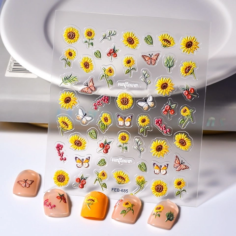 Sunflower 5D Embossed Nail Art Stickers Waterproof Self Adhesive Butterfly Bee Floral Design For Women DIY Manicure