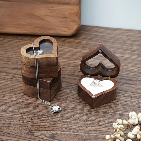 Heart Shaped Jewelry Ring Box Walnut Wood Magnetic Closure For Wedding Proposal Engagement Gift Rustic Elegant Style