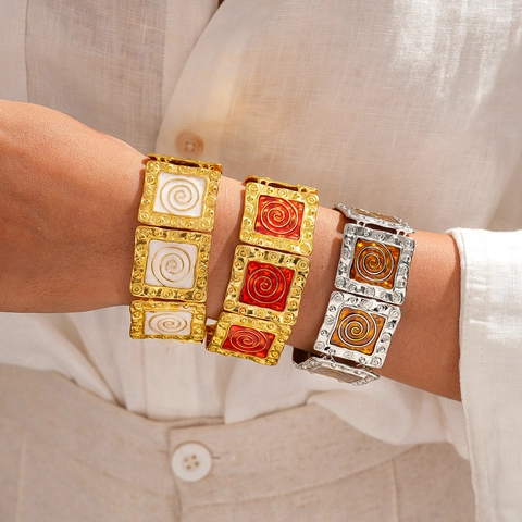 Vintage Square Alloy Bracelet Enamel Spiral Pattern Elastic Bohemian Style Jewelry Women