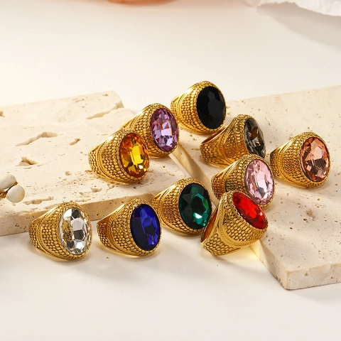 Retro Punk Hip Hop Ring Gold Plated Stainless Steel Large Oval Colorful Gemstone Baroque Style Jewelry For Men Women