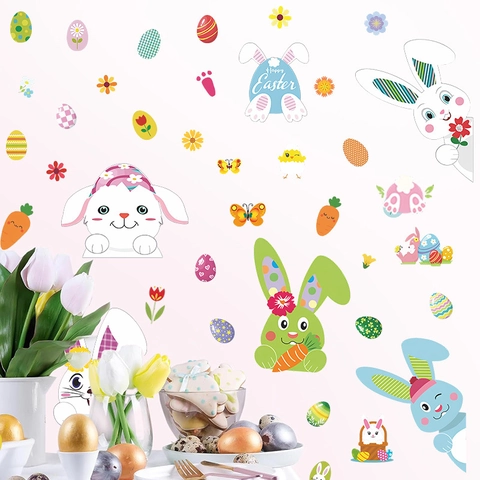 Easter Wall Stickers PVC Waterproof Removable Cartoon Rabbit Eggs Nursery Kids Room Holiday Home Decor DIY