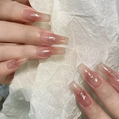 Pink Gradient Coffin Press On Nails With Silver Foil Glitter Long Ballerina Fake Nails Sweet Style ABS Plastic