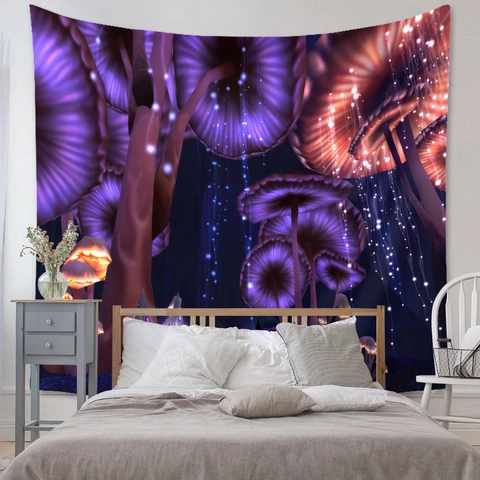 Mushroom Fantasy Forest Tapestry Wall Hanging Polyester Glowing Psychedelic Trippy Castle Home Room Aesthetic Decor