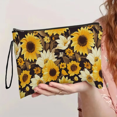 Sonnenblumen Blumenmuster Kosmetiktasche Tragbare Leinenimitat Reise Toilettenbeutel Mit Reißverschluss Und Handschlaufe Für Damen