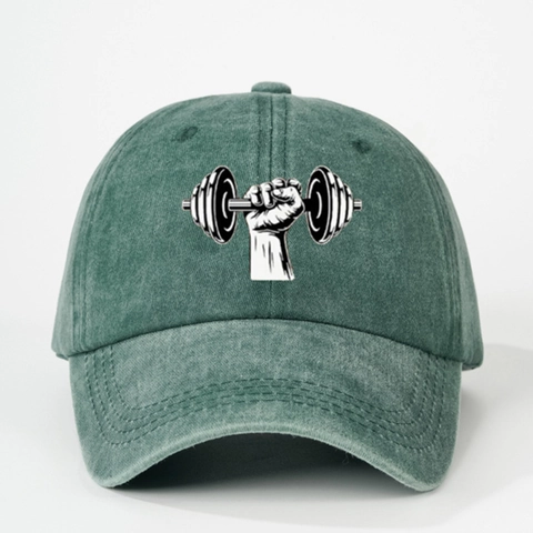 Vintage Washed Cotton Baseball Cap Dumbbell Fitness Print Adjustable Sun Hat Gym Sport