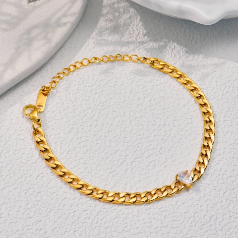 Bracciale a Catena Cubana in Acciaio al Titanio Placcato Oro Hip Hop Con Pietra Lucida in Zirconia a Cuore Per Gioielli Moda Unisex