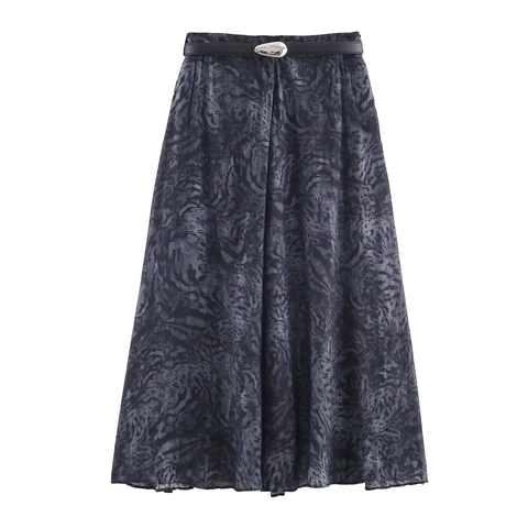 Women Animal Print Midi Skirt With Belt Dark Grey Black Polyester Lightweight High Waist Casual Elegant Straight Style