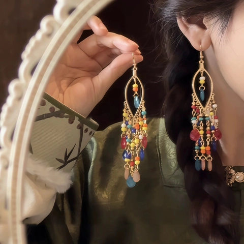 Bohemian Ethnic Tassel Earrings For Women Alloy Long Dangle Drop Retro Tribal With Stainless Steel Earring Post
