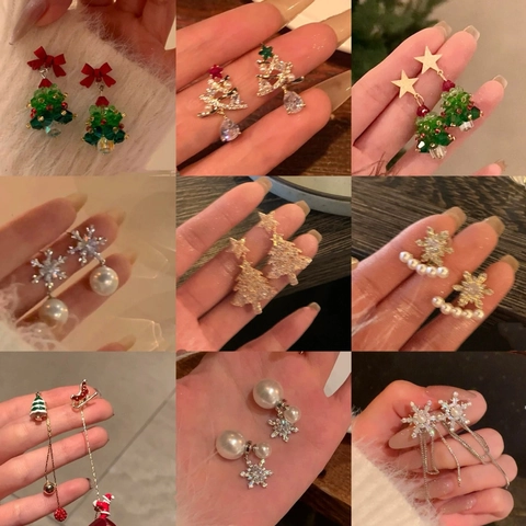 Boucles D'Oreilles Flocon De Neige Arbre De Noël Avec Tige En Argent Sterling 925 Zircon Künstliche Perle Bijoux Festifs Pour Femmes