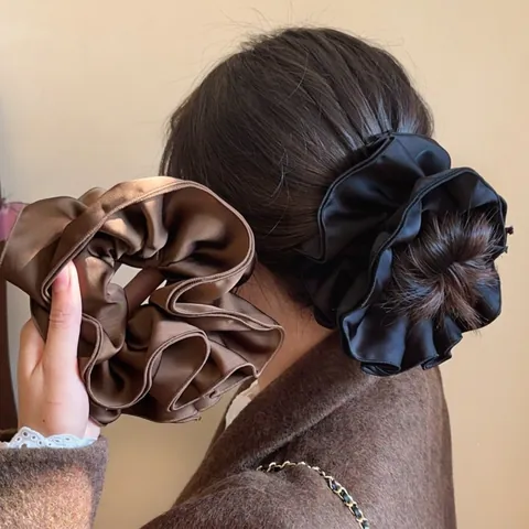 Coleteros De Satén Extragrandes Con Volantes Plisados Lazos Para El Cabello Elásticos De Color Sólido Retro Francés Elegante