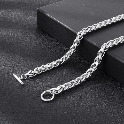 Collar Y Pulsera De Acero Inoxidable Para Hombre Cadena De Trigo Minimalista Cierre De Timón OT Joyería Trenzada Color Plata