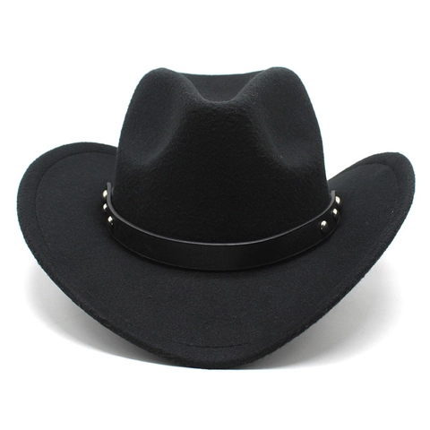 Chapeau De Cowboy Occidental En Feutre De Laine À Bord Large Style Rétro Avec Bande En Cuir À Rivets Cordon Coupe-vent