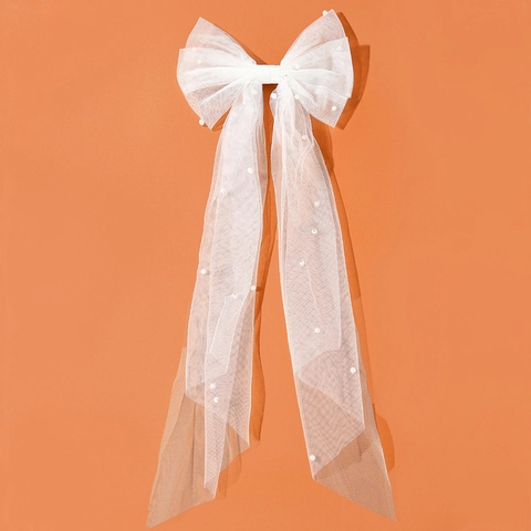 Large Bow Hair Clip Mesh Tulle Long Streamer Artificial Pearl Decor Bridal Wedding Elegant Fairy Hair Accessory For Women