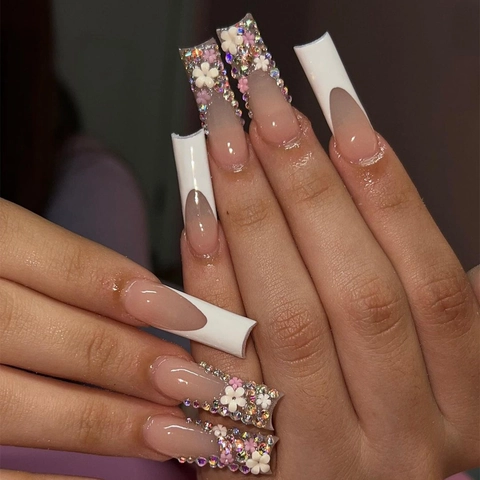 Press On Nails Extra Lange Sarg Kunstnägel Französisch Weiß Mit 3D Blumen Strass Kristall Silber Glitzer Für Damen