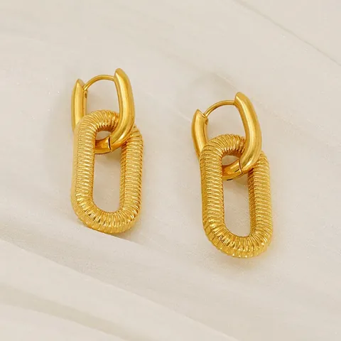 Geometrische Dubbele Ovalen Schakeloorbellen 18K Verguld Roestvrij Staal Spiraaldraadtextuur Vintage Moderne Sieraden Dames
