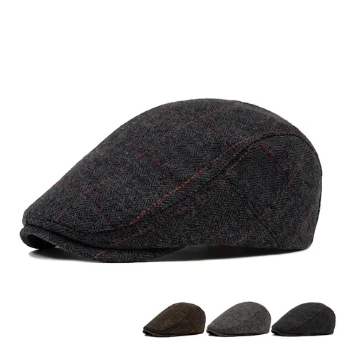 Men Flat Cap Wool Blend Tweed Herringbone Plaid Retro British Style Newsboy Beret Hat Adjustable Warm Winter