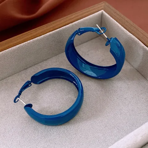 Vintage Blue Hoop Earrings With Silver Earring Post Wide Enamel C Shape Glossy Retro Jewelry For Women