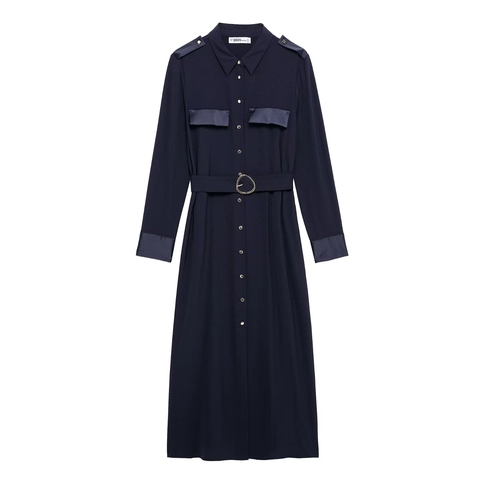 Abito Maxi A Camicia A Maniche Lunghe Blu Scuro Con Patchwork In Raso Bottoni Dorati E Cintura Stile Cargo
