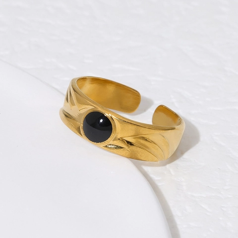 Anello Regolabile In Acciaio Inossidabile Minimalista Geometrico Smalto Nero Tondo Rilievo Montagna Gioielli Aperti