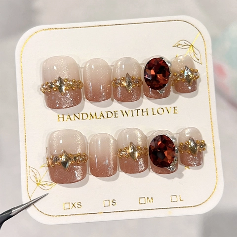 French Light Coffee Cat Eye Gradient Press On Nails With Artificial Gemstone Rhinestone Short Square False Nails