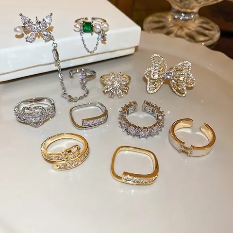 Zircon Artificial Pearl Open Adjustable Rings Brass Gold Silver Plated Elegant Bow Heart Flower Geometric Jewelry For Women