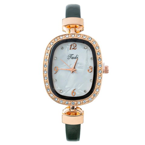 Women Fashion Quartz Watch Oval Rhinestone Alloy Case Faux Leather Strap Elegant Analog Ladies Wristwatch Marble Dial