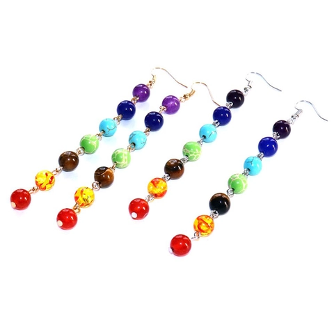 Boho Regenbogen Sieben Chakra Naturstein Perle Lange Hängeohrringe Für Frauen Yoga Heilung Meditation Schmuck