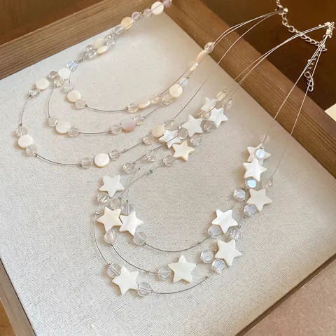 Collana Multistrato Con Ciondolo A Stella Rotonda In Conchiglia E Perline Di Cristallo Di Vetro Trasparente Per Donna Stile Vacanza