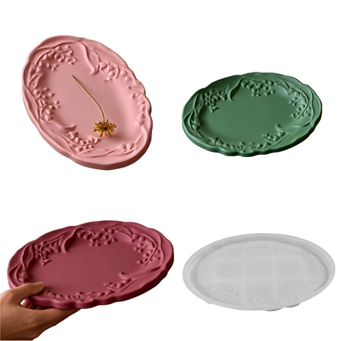 Silicone Mold Lily Of The Valley Embossed Oval Tray DIY Resin Casting Plaster Storage Plate Home Decor Retro Style