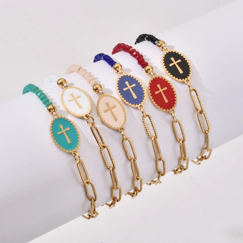 Pulsera Colgante Cruz Acero Inoxidable Esmalte Asimétrica Cuentas Cristal Cadena Eslabones Clip Moda Religiosa Mujer Joyería