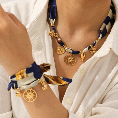 Collana Bracciale Nastro Foulard Raso Ciondoli Acciaio Inossidabile Placcato Oro Elefante Sole Cuore Fiore Gioielli