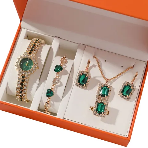 Luxury Alloy Rhinestone Women Watch Jewelry Combination With Green Artificial Gemstone Necklace Bracelet Ring Earrings Gold Tone Quartz Wristwatch