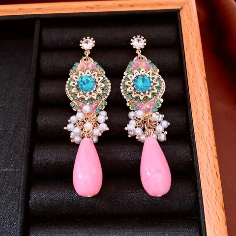 Orecchini Pendenti Lunghi Bohemien Vintage Con Goccia In Vetro Rosa Zircone Perla Artificial Sintetica E Perno In Argento Sterling 925