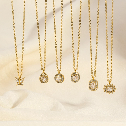 Collana Con Ciondolo In Acciaio Inossidabile E Zircone Per Donna Placcata Oro PVD Ipoallergenica Impermeabile Gioielli Goccia Farfalla