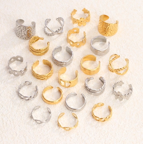 Retro Titanium Steel Rings Gold Plated Open Adjustable Woven Hammered Chain Pattern Minimalist Jewelry Gift