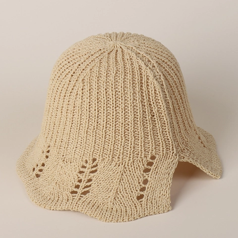 Women Hollow Out Knit Bucket Hat Cotton Polyester Breathable Sunshade Summer Spring Wave Brim Foldable Elegant Hat