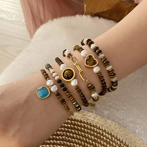 Tiger Eye Stone Beaded Bracelet Stainless Steel Heart Pendant Geometric Artificial Pearl Vintage Bohemian Style Jewelry Gift For Women