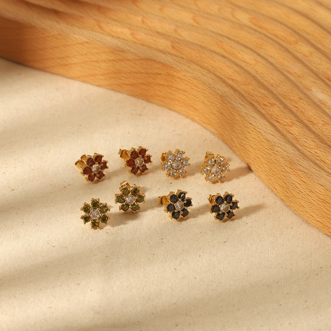 Stainless Steel Flower Stud Earrings With Colorful Zircon Luxury INS Style Floral Jewelry For Women Fashion Accessory