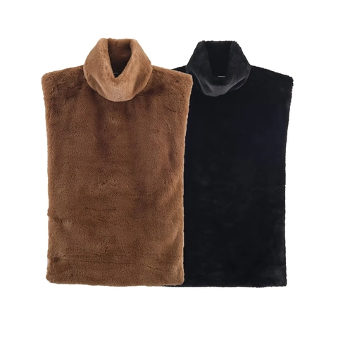 Gilet In Pelliccia Sintetica Da Donna Dolcevita Senza Maniche Collo Alto Tinta Unita Casual Retro Pullover In Peluche