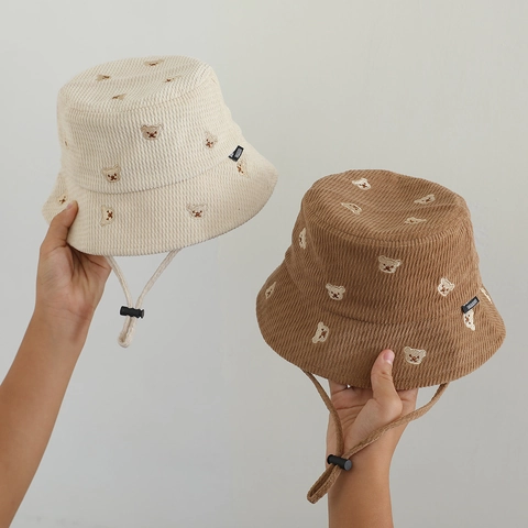 Kids Bucket Hat Corduroy Bear Embroidery Windproof Adjustable Strap Autumn Winter Sun Shade For Baby Boys Girls