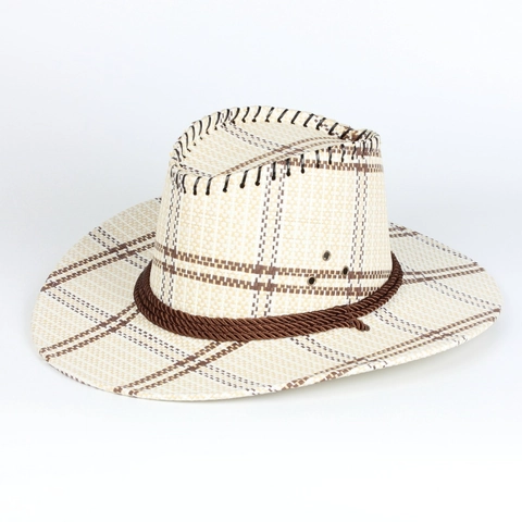Western Cowboyhut Strohhut Breiter Rand Sonnenschutz Karomuster Outdoor Strand Vintage Unisex Verstellbar