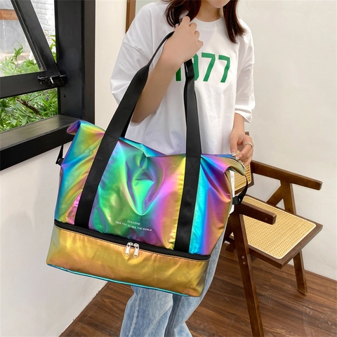 Holographic Iridescent Travel Duffle Bag Waterproof Large Capacity Dry Wet Separation Independent Shoe Compartment Women