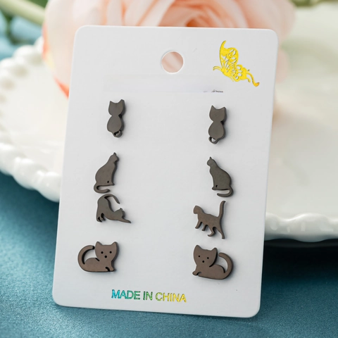 Moda Acciaio Inossidabile Gatto Orecchini a Bottone Collezione Minimalista Animale Silhouette Oro Argento Nero Oro Rosa Gioielli