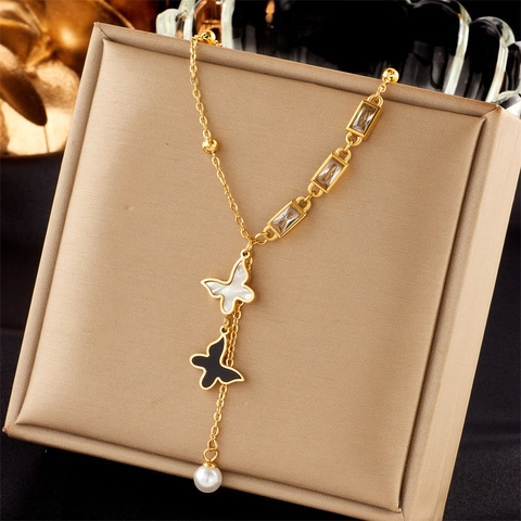 Butterfly Star Moon Necklace Stainless Steel Gold Plated Multi Layered Shell Zirconia Pendant Elegant Jewelry For Women