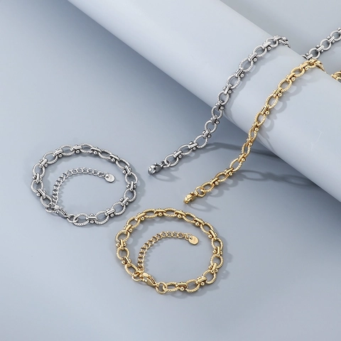 Cadena De Eslabones Texturizados Chapada En Oro De 18K Acero Inoxidable Collar Y Pulsera Estilo INS De Moda Joyería