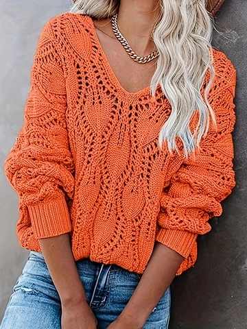 Maglione In Maglia Traforata Da Donna Scollo V Maniche Lunghe Uncinetto Morbido Misto Poliestere Spandex Casual Autunno Inverno
