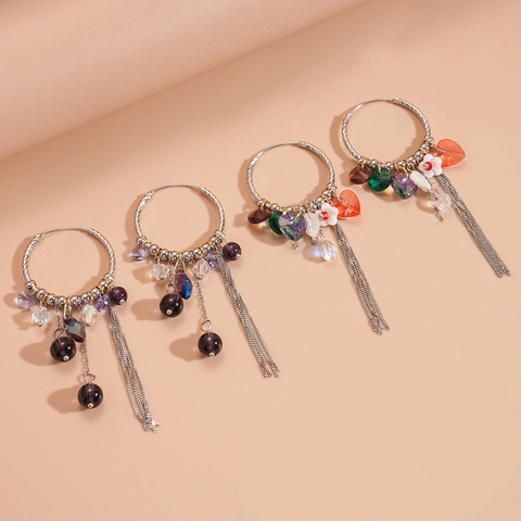 Pendientes De Aro De Cristal Bohemio Con Colgantes De Corazón Flor De Cobre Y Flecos Estilo Étnico Mujer