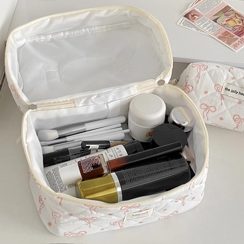 Neceser De Algodón Acolchado Lazo Rosa Patrón Floral Gran Capacidad Organizador Cosmético Portátil Bolsa De Viaje Mujer