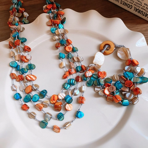 Conjunto De Collar Pulsera Bohemio Multicapa Cuentas De Concha Naturales Geométrico Irregular Joyas Coloridas Para Mujer