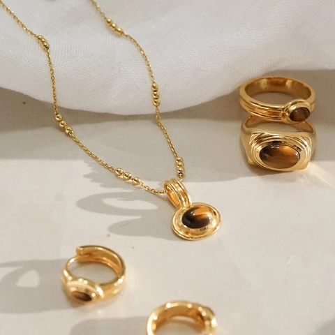 Vintage Stainless Steel Copper Necklace For Women Multi Layer Chain With Oval Moonstone Tiger Eye Gemstone Pendant